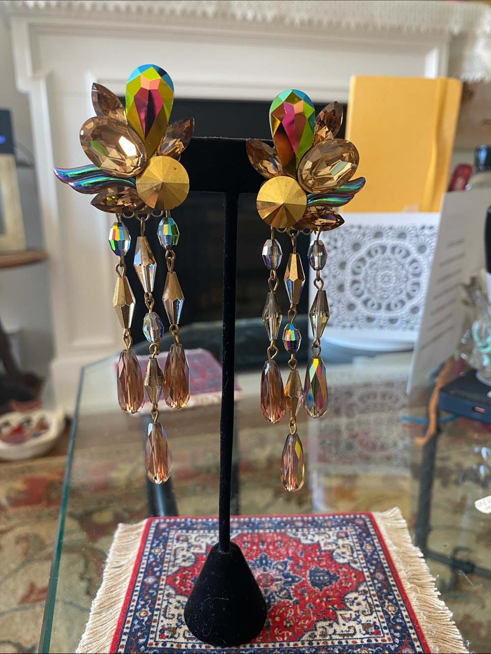 Crystal Drop Statement Earrings in Iridescent Gold and Brown